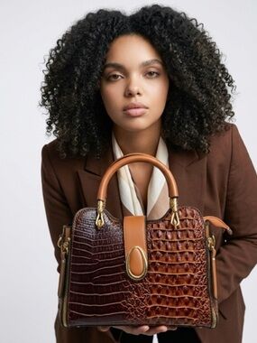 SHEIN Two-Tone Croc-Embossed Satchel in Dark Brown & Tan